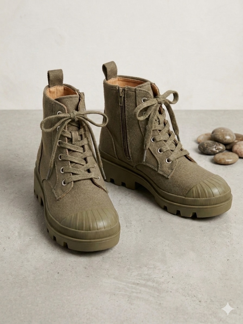 Olive Green Canvas High-Top Lace-Up Boots